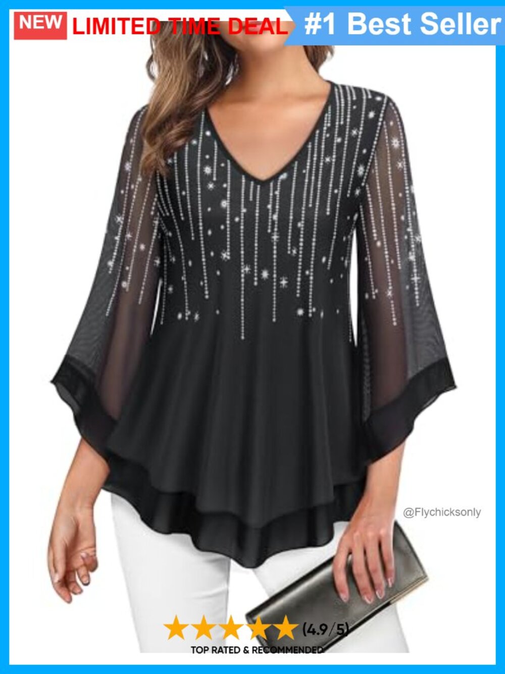 Double Layers Mesh Blouse Ruffle 3/4 Flared Sleeve Tunic Top Dressy